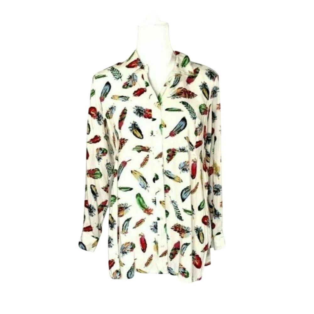 Bycorpus womens cream Feather Print Button Down Shirt long sleeve sz medium